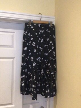 Ruffle Black Floral High-Low Skirt with White and Light Blue Blossoms